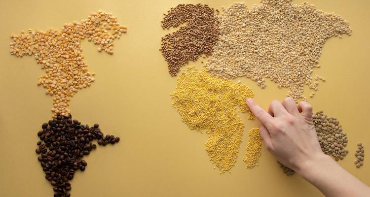 World map with cereals and coffee beans
