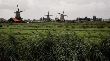 Photo by Anna Hunko on Unsplash The image shows grasslands or agricultural land and windmills in the back.